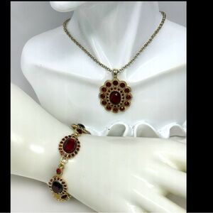 Vintage Monet Ruby Red Necklace & Bracelet Set | Gold Tone Statement